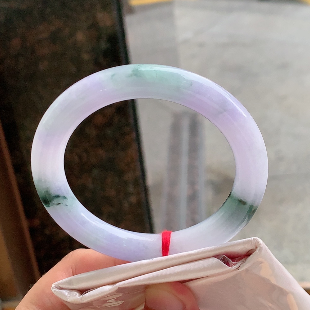 712362 58.6mm冰糯紫羅蘭飄花翡翠圓條鐲 (58-60)