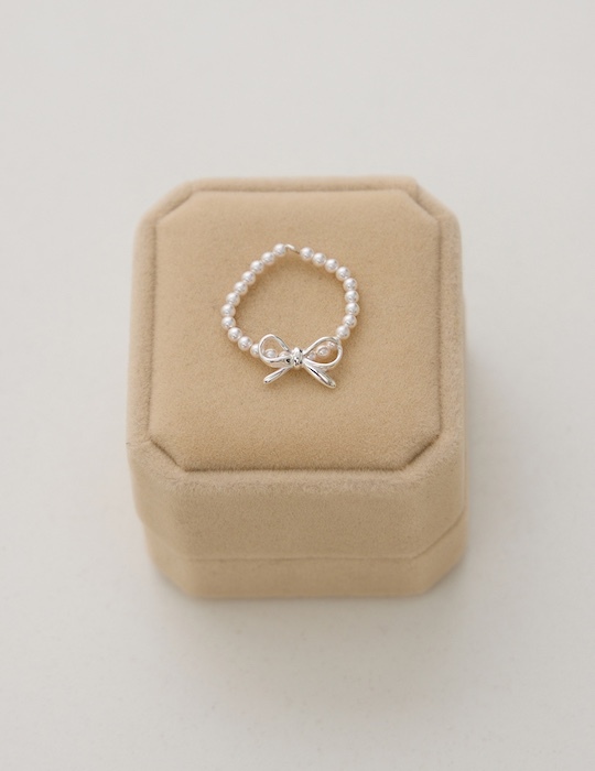 【925純銀】蝴蝶結珍珠彈性繩戒指
