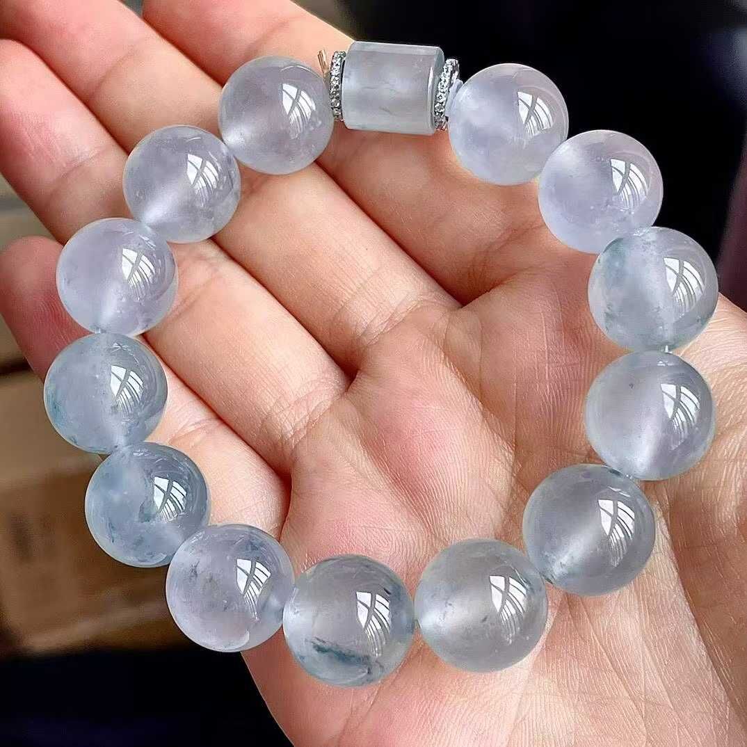 翡翠玻璃種飄花手串 (13.2-14mm直徑),天然翡翠A玉, 緬甸玉, Jade, Jadeite