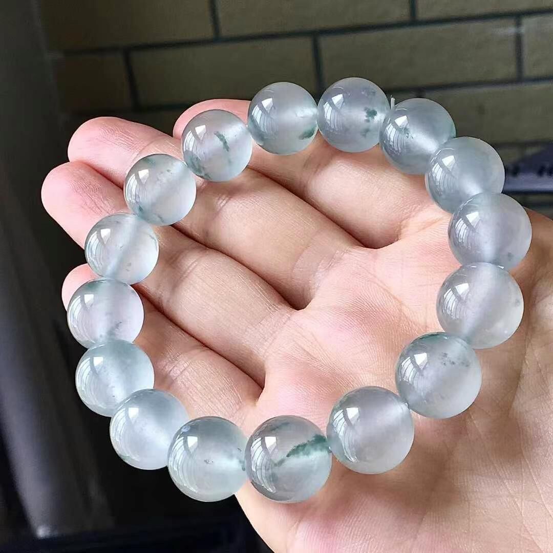 翡翠玻璃種飄花手串 (12.4mm直徑),天然翡翠A玉, 緬甸玉, Jade, Jadeite