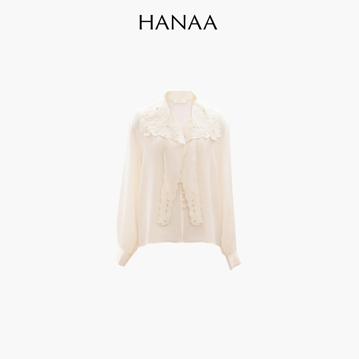 HANAA 新款真絲雙縐立體鑿空刺繡花領飄帶襯衫