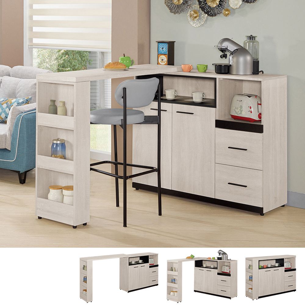 曼珊4.4尺中島型吧台桌+餐櫃/多功能L型收納餐桌電器櫃組合