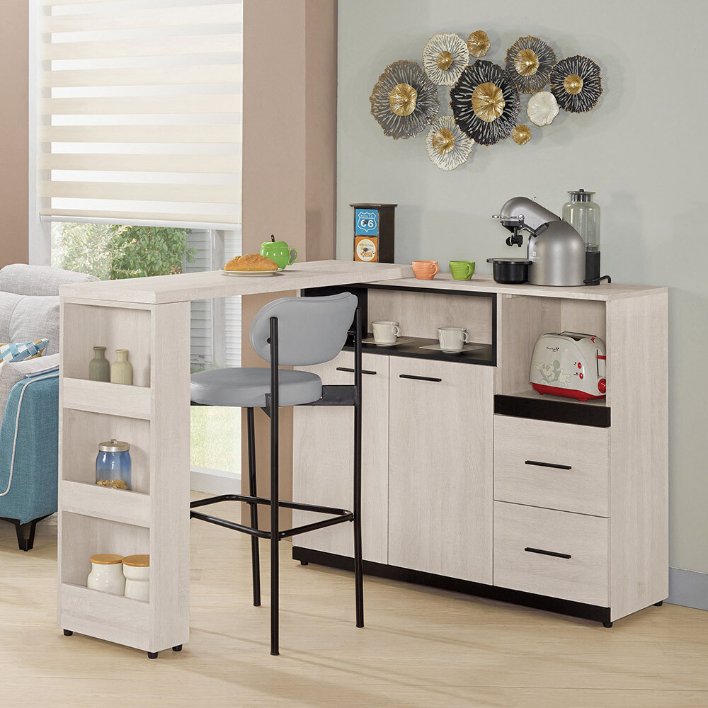 曼珊4.4尺中島型吧台桌+餐櫃/多功能L型收納餐桌電器櫃組合
