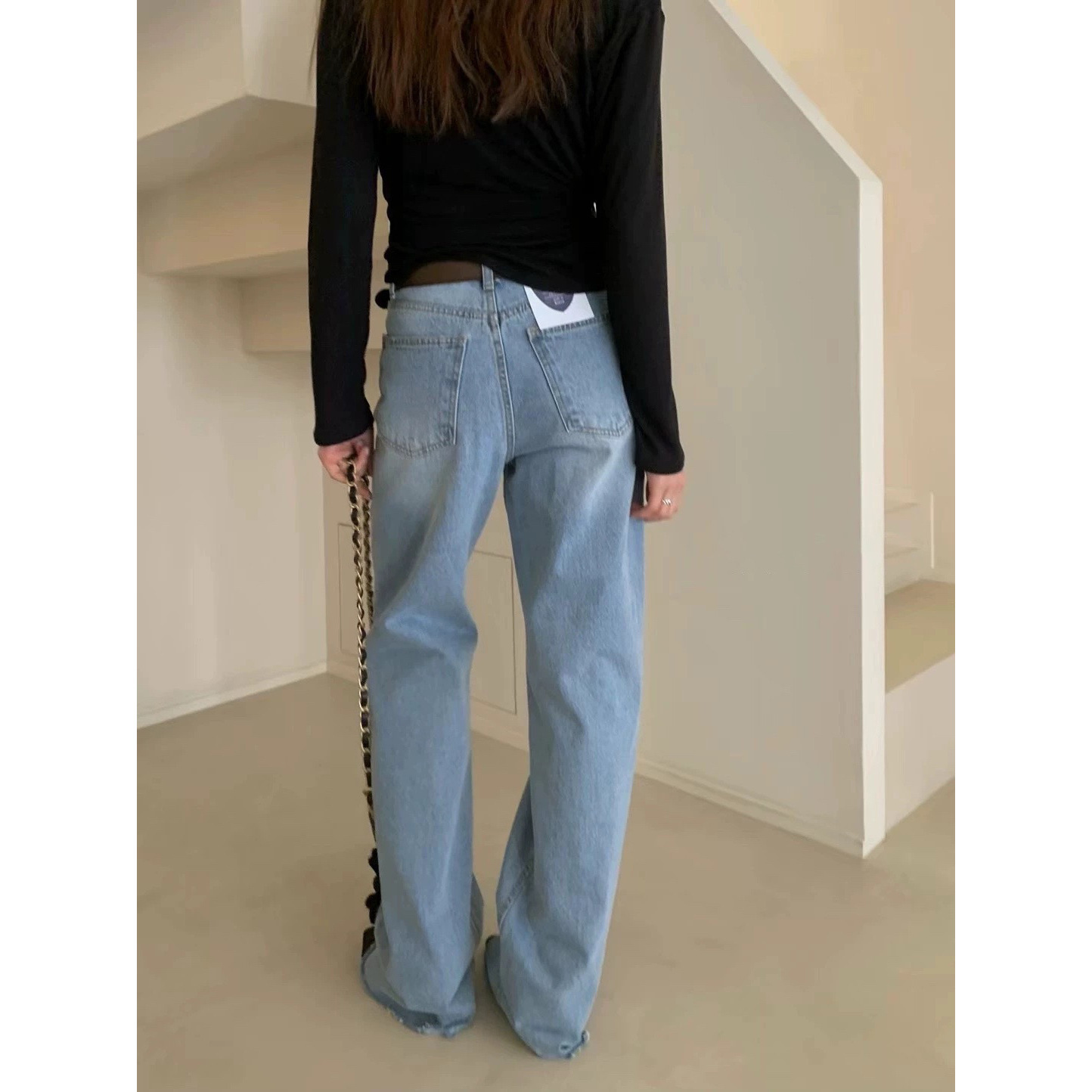 7W24 水洗感刷色不修邊牛仔褲 一色