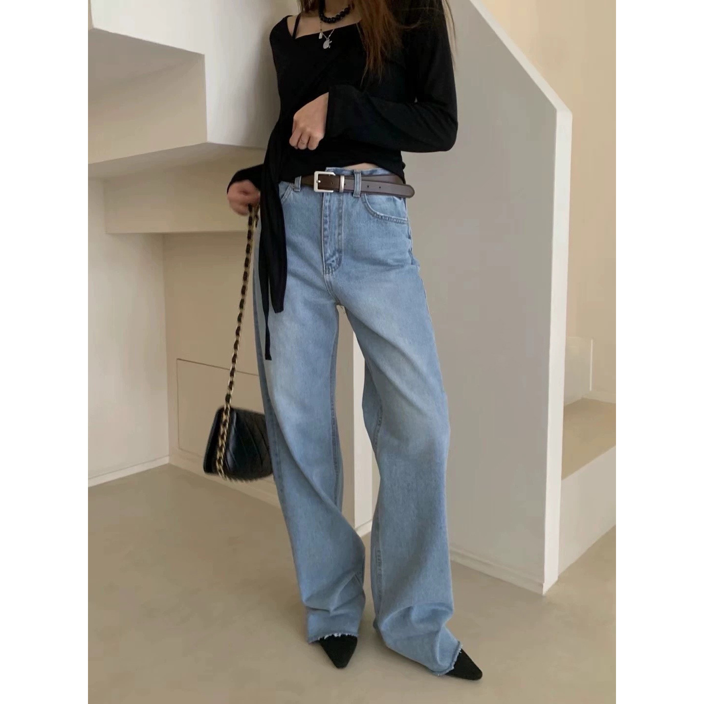 7W24 水洗感刷色不修邊牛仔褲 一色