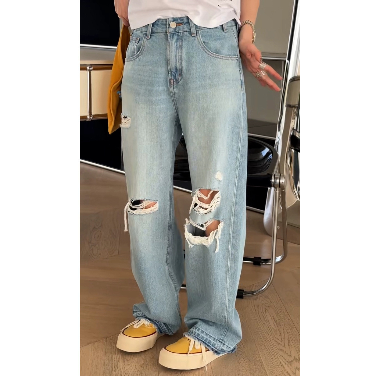 7W23 率性甜褲刷破街頭感牛仔褲 一色