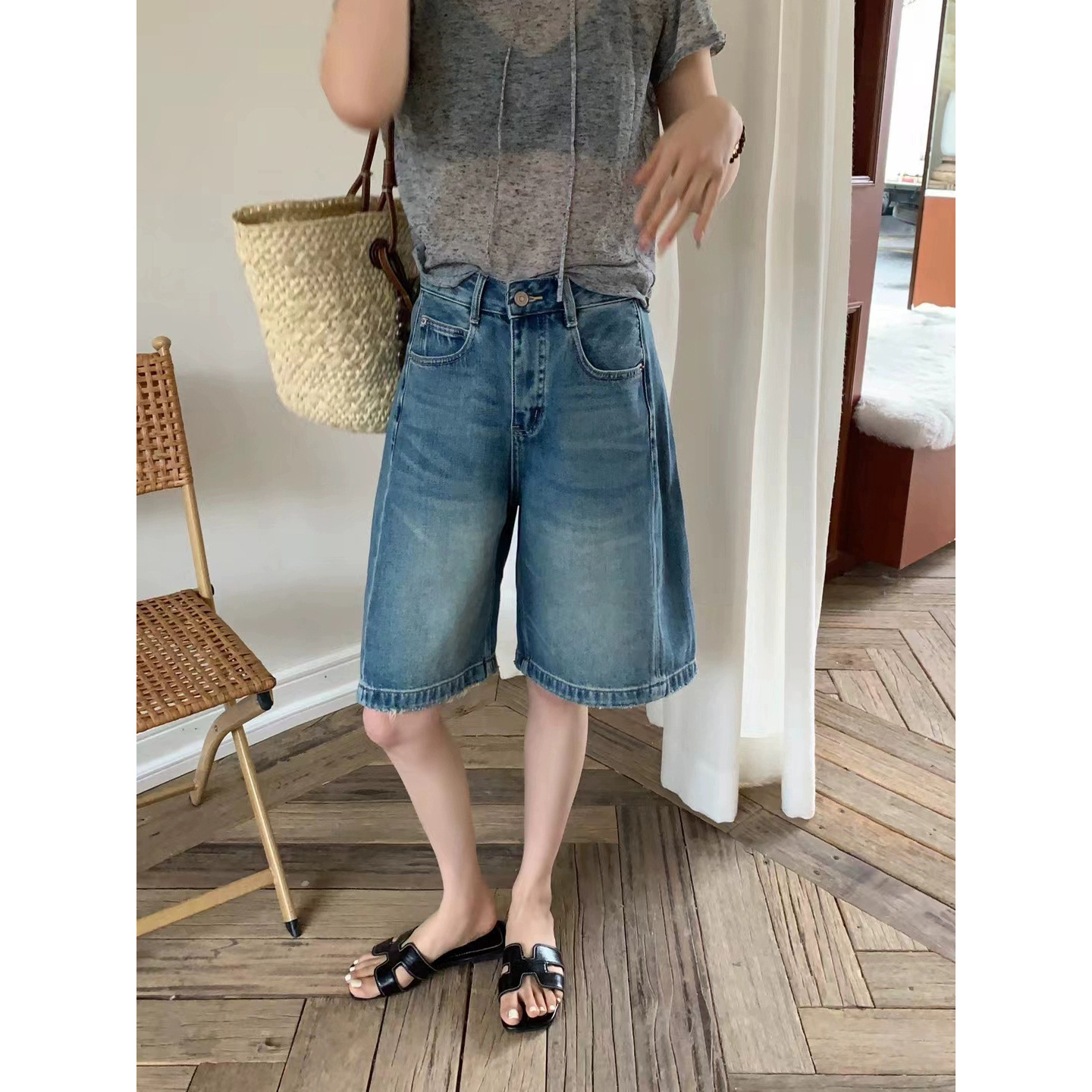 7W22 復古做舊刷色五分牛仔褲 一色