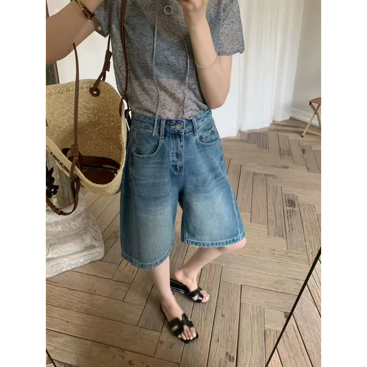 7W22 復古做舊刷色五分牛仔褲 一色