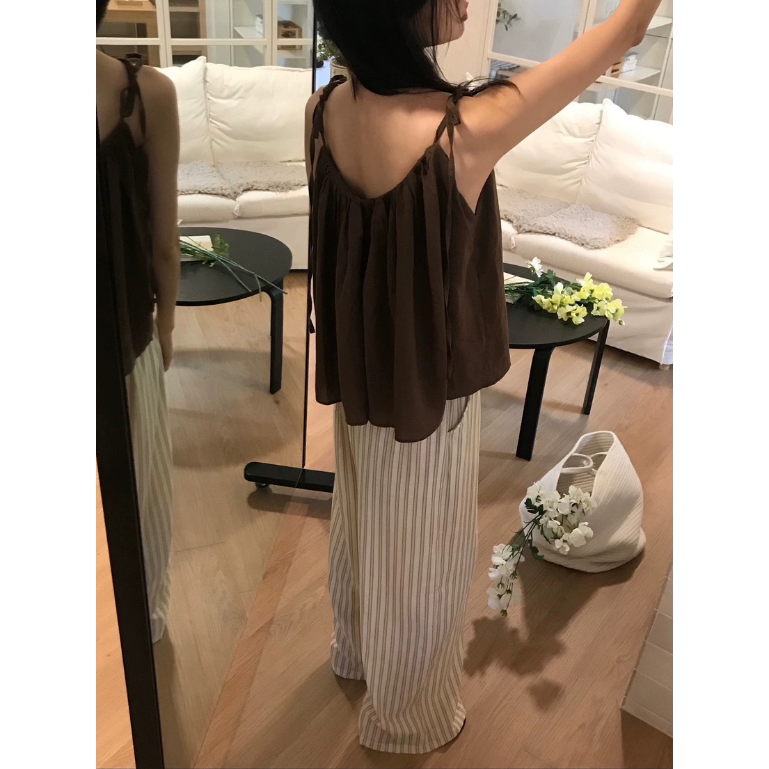 7W21 日系寬鬆直紋綁帶長褲 一色