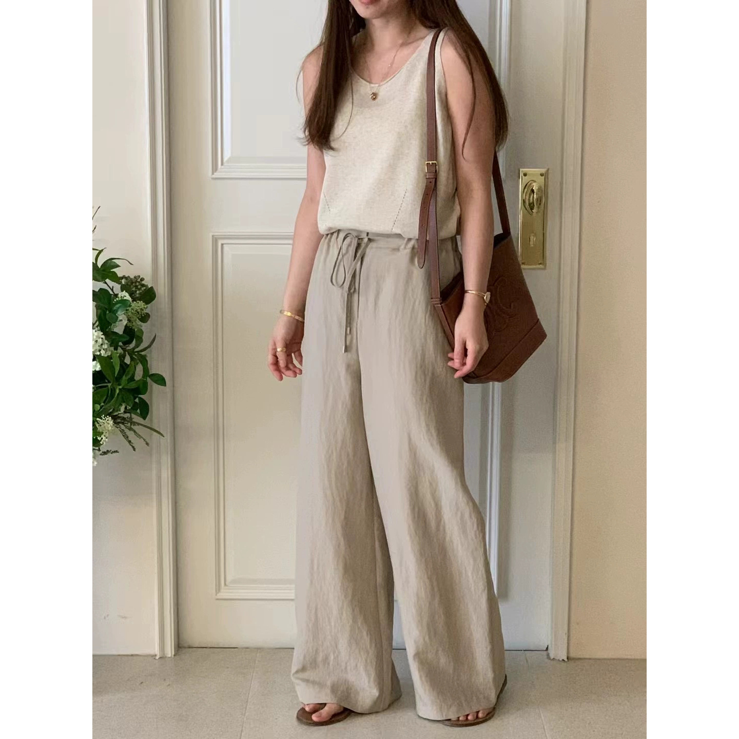 7W20 輕薄慵懶簡約綁帶長褲 一色