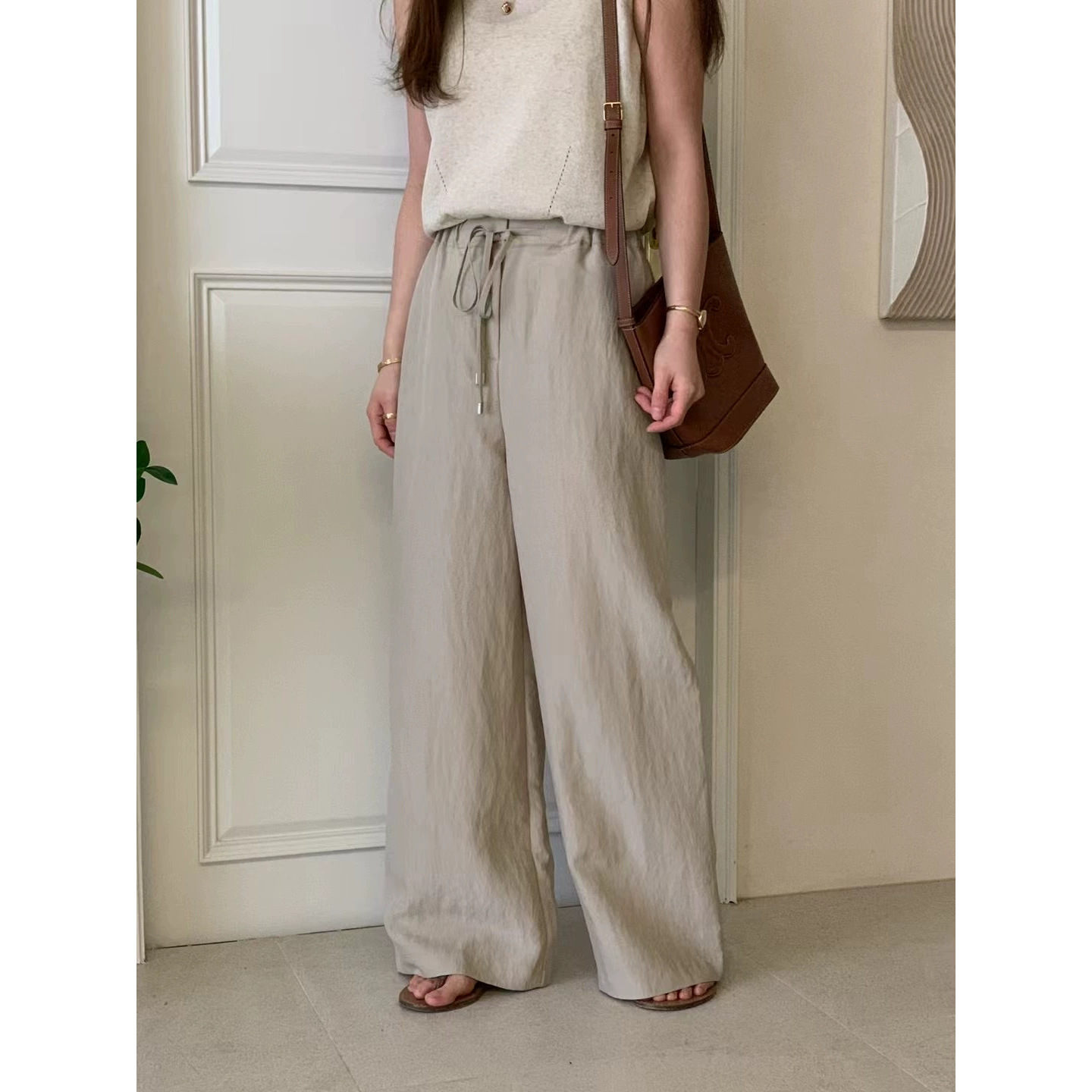 7W20 輕薄慵懶簡約綁帶長褲 一色