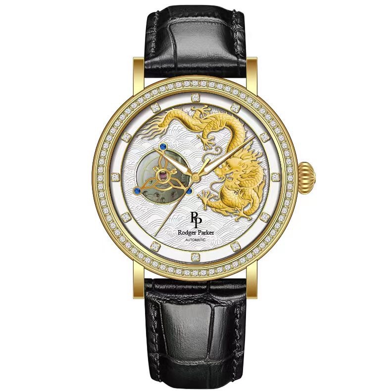 【Rodger Parker 羅杰帕克】RGP-001龍騰系列鑲真鑽錶盤24K純金龍騰錶面12點字位自動上鍊機械錶-