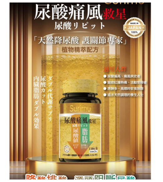 日本Surimu 尿酸痛症救星 關注尿酸痛風60粒/樽