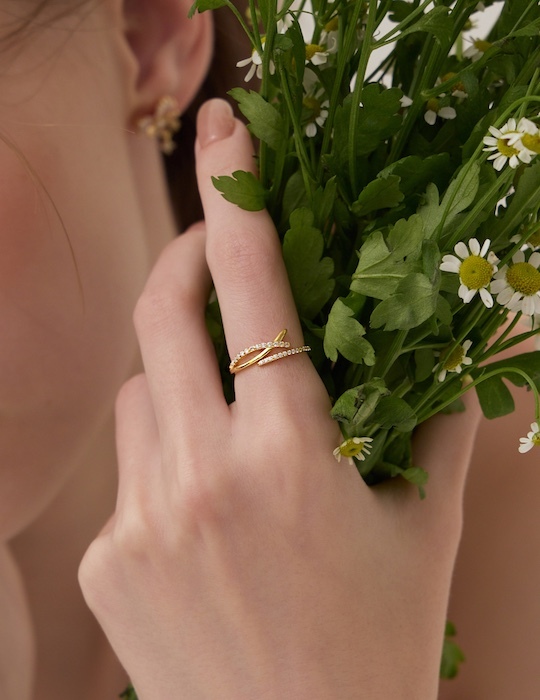 【925純銀】排鑽交織可調式戒指(金)