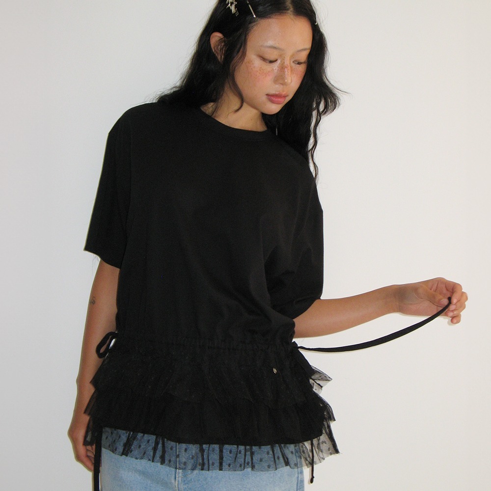 RONRON DOUBLE LAYERED SHIRRING SHORT T SHIRT