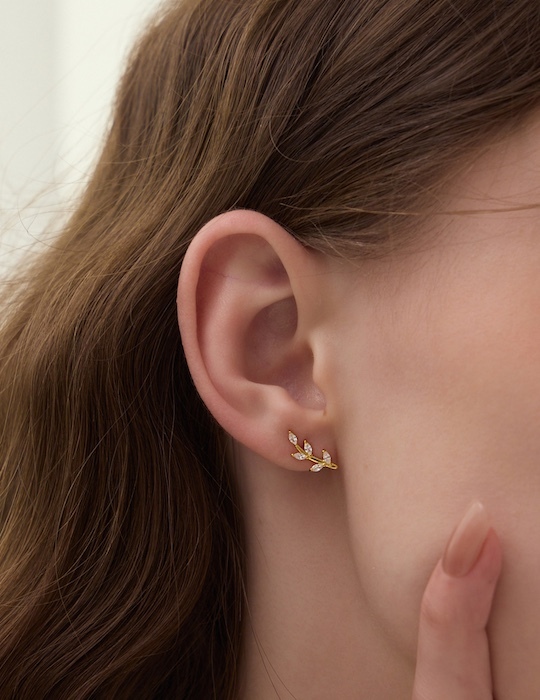 【925純銀】閃鑽橄欖葉。夾式耳環(金)