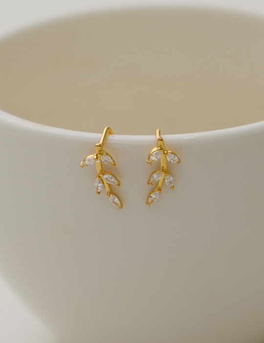 【925純銀】閃鑽橄欖葉。夾式耳環(金)