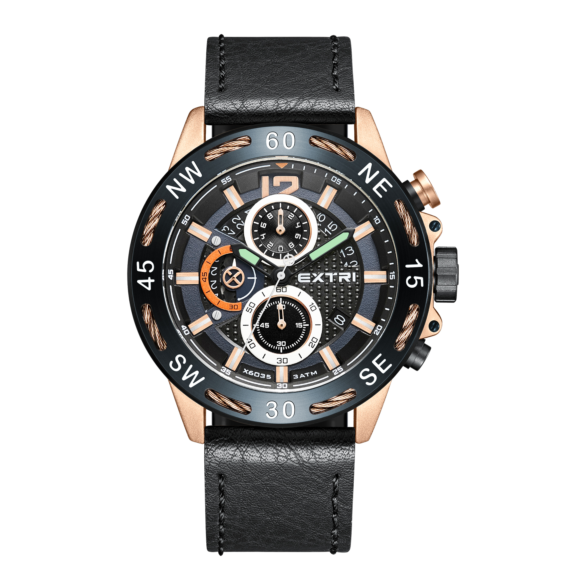 【EXTRI】 X6035 三眼 夜光 日期顯示 皮革 手錶