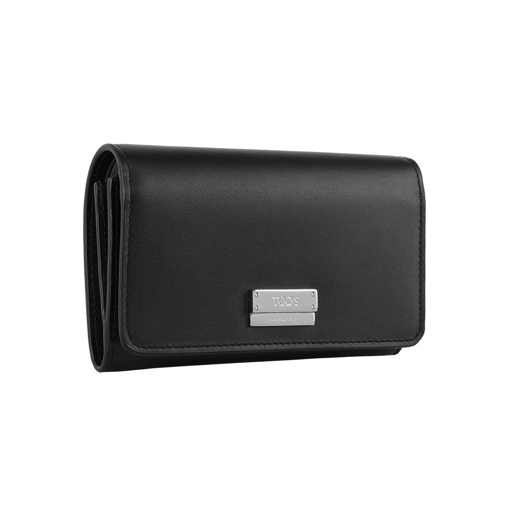 【Tod's】鐵牌平滑牛皮三折壓釦中夾(黑色)