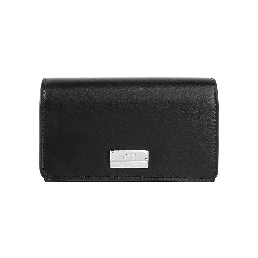 【Tod's】鐵牌平滑牛皮三折壓釦中夾(黑色)