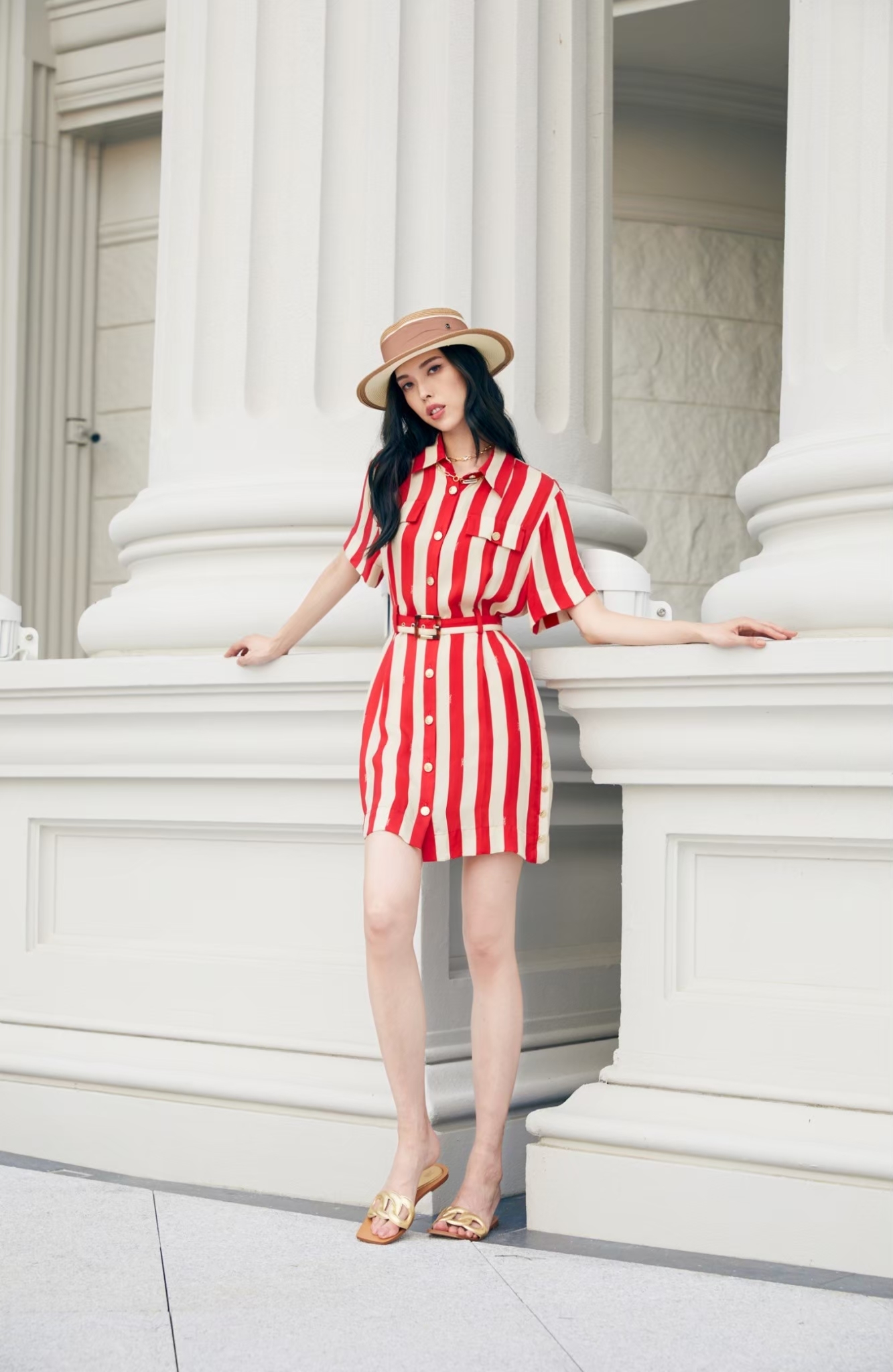 BC1EB010E1 濱海風情經典紅線條洋裝 (附布腰帶)