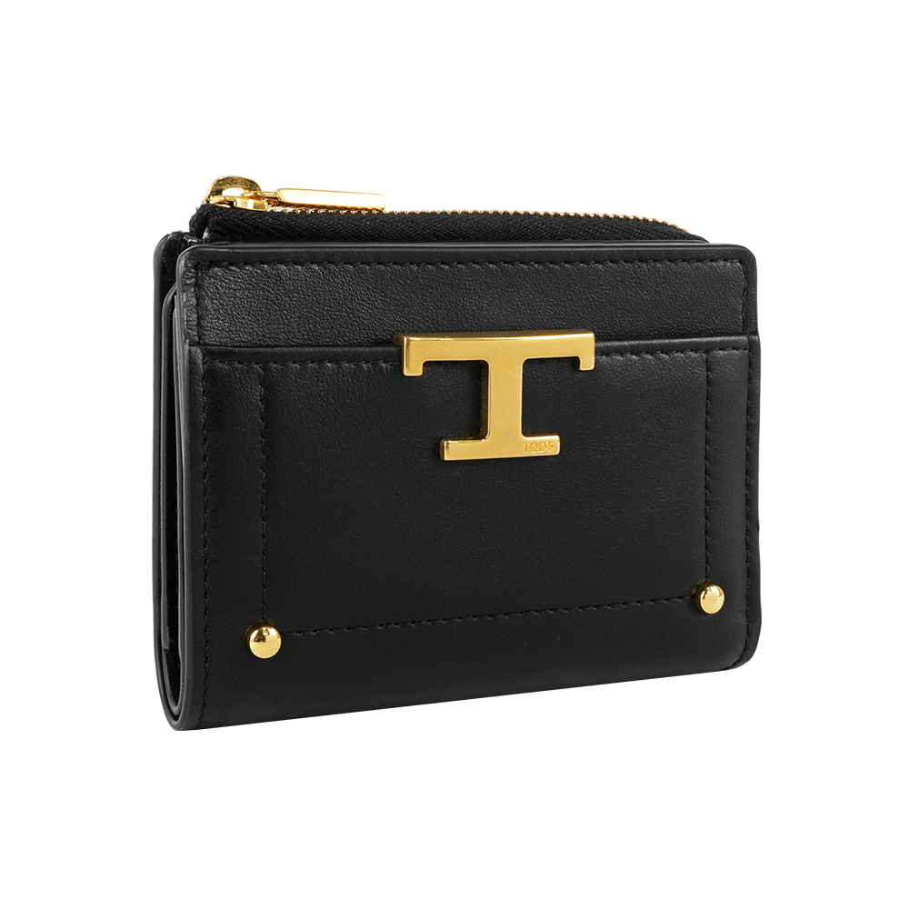 【Tod's】T Timeless 暗釦二折拉鍊零錢袋短夾(黑色)
