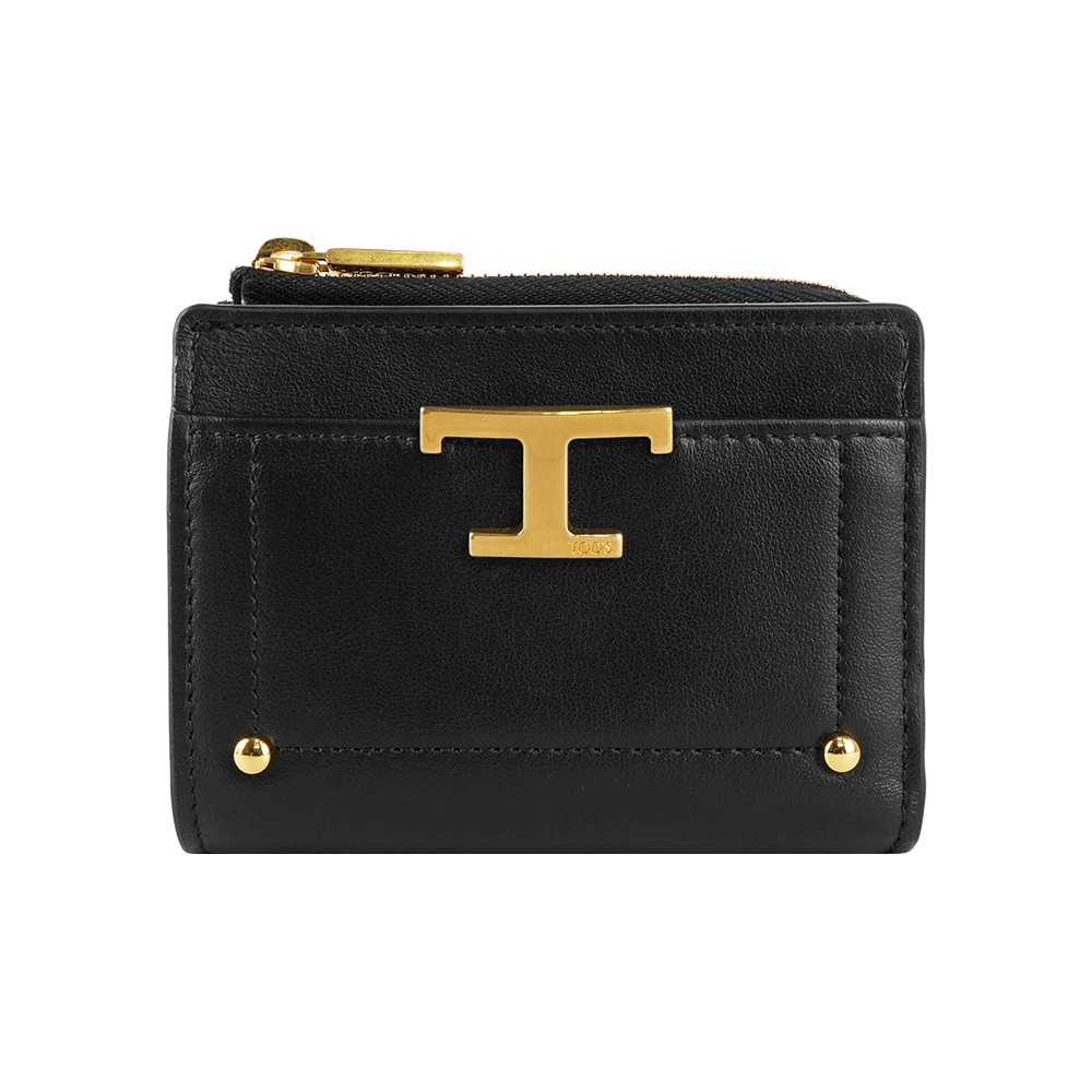 【Tod's】T Timeless 暗釦二折拉鍊零錢袋短夾(黑色)