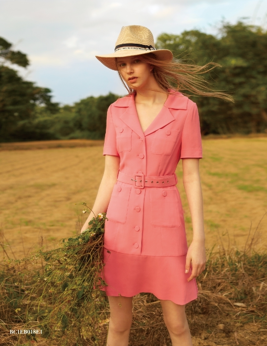 BC1EB018E1 午後漫遊桃粉狩獵魚尾洋裝 (附本布腰帶)