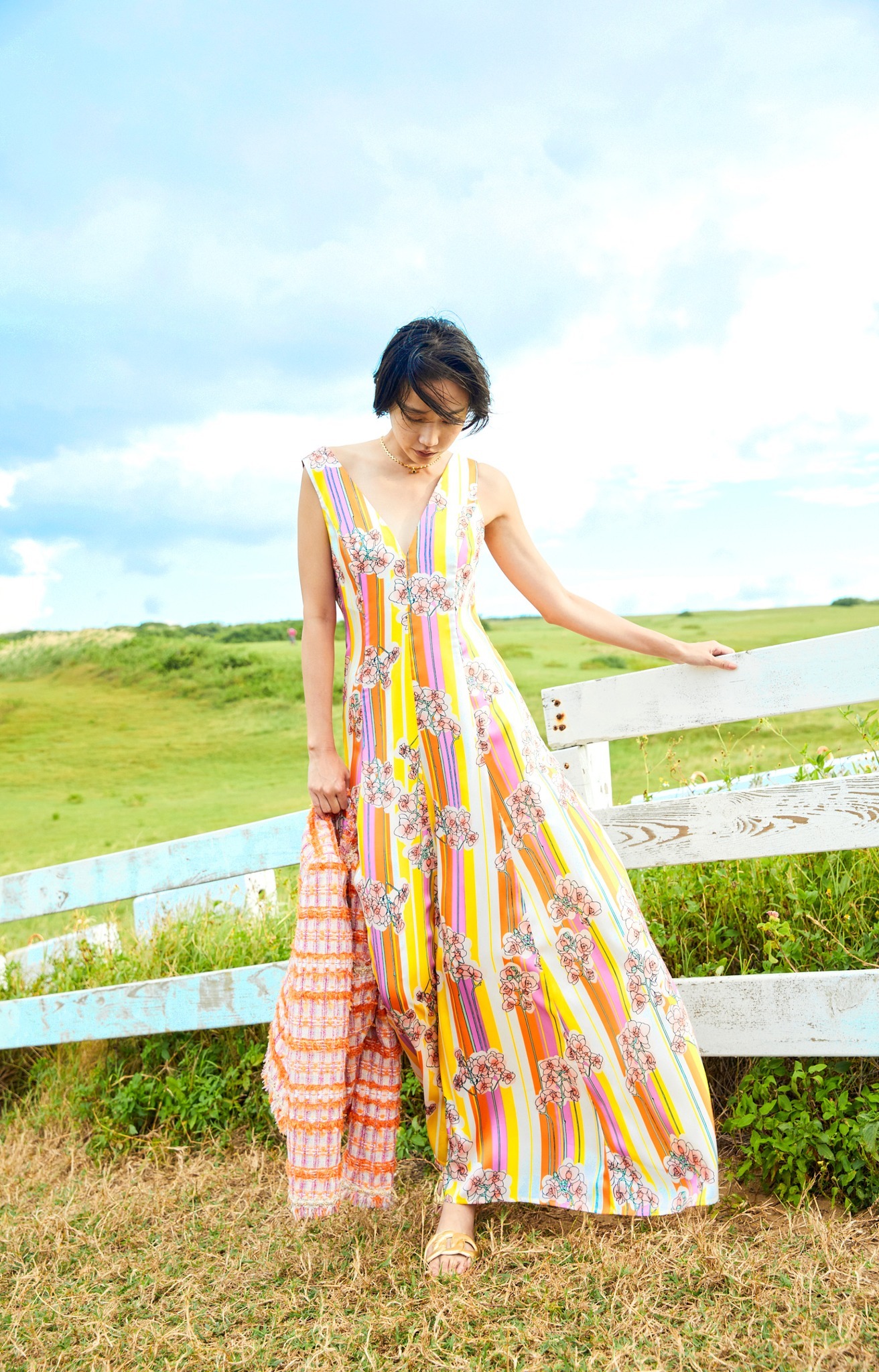 BC1EA021E1 陽光花園粉桔花條法式線條連衣洋