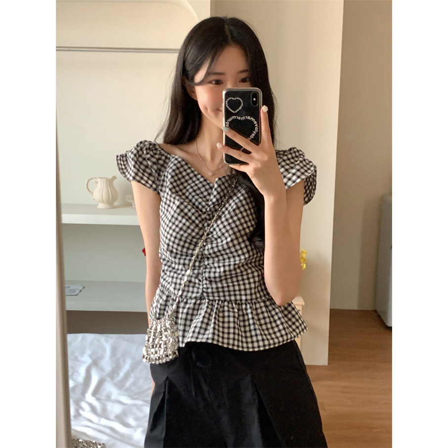7W25 復古感摺皺黑白格紋上衣 一色