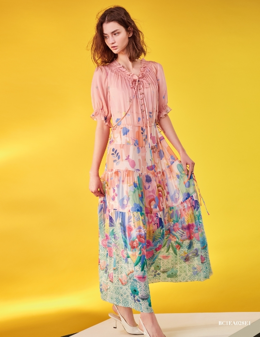 BC1EA028E1 南法奇遇荷葉綁帶蛋糕連衣裙