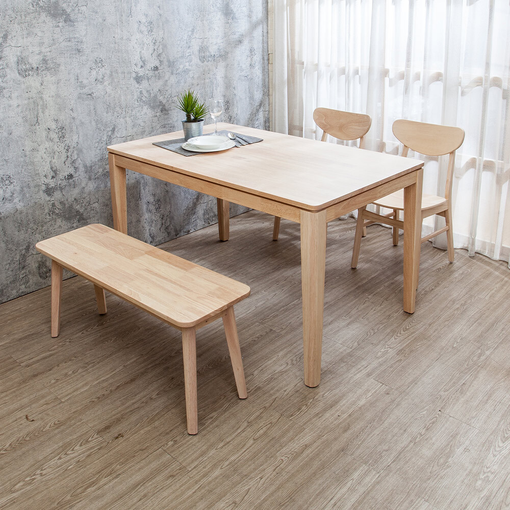 格倫4.5尺實木餐桌+塔西實木餐椅+坦卡司3.3尺實木長凳組合-鄉村木紋色(一桌二椅一長凳)