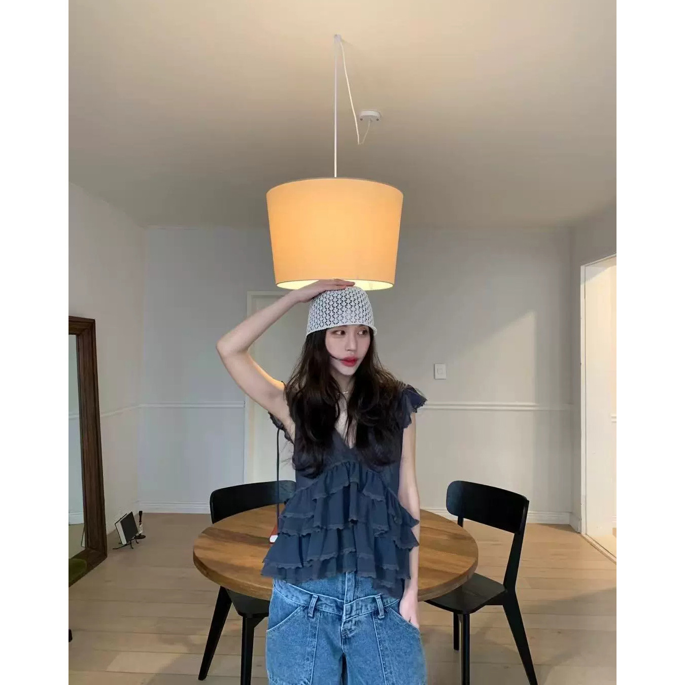 7W14甜美純慾風蛋糕感綁帶上衣 深灰色