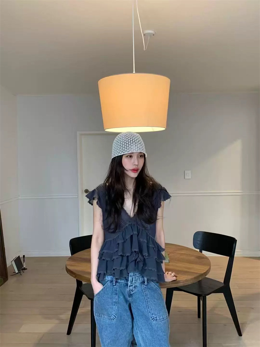 7W14甜美純慾風蛋糕感綁帶上衣 深灰色