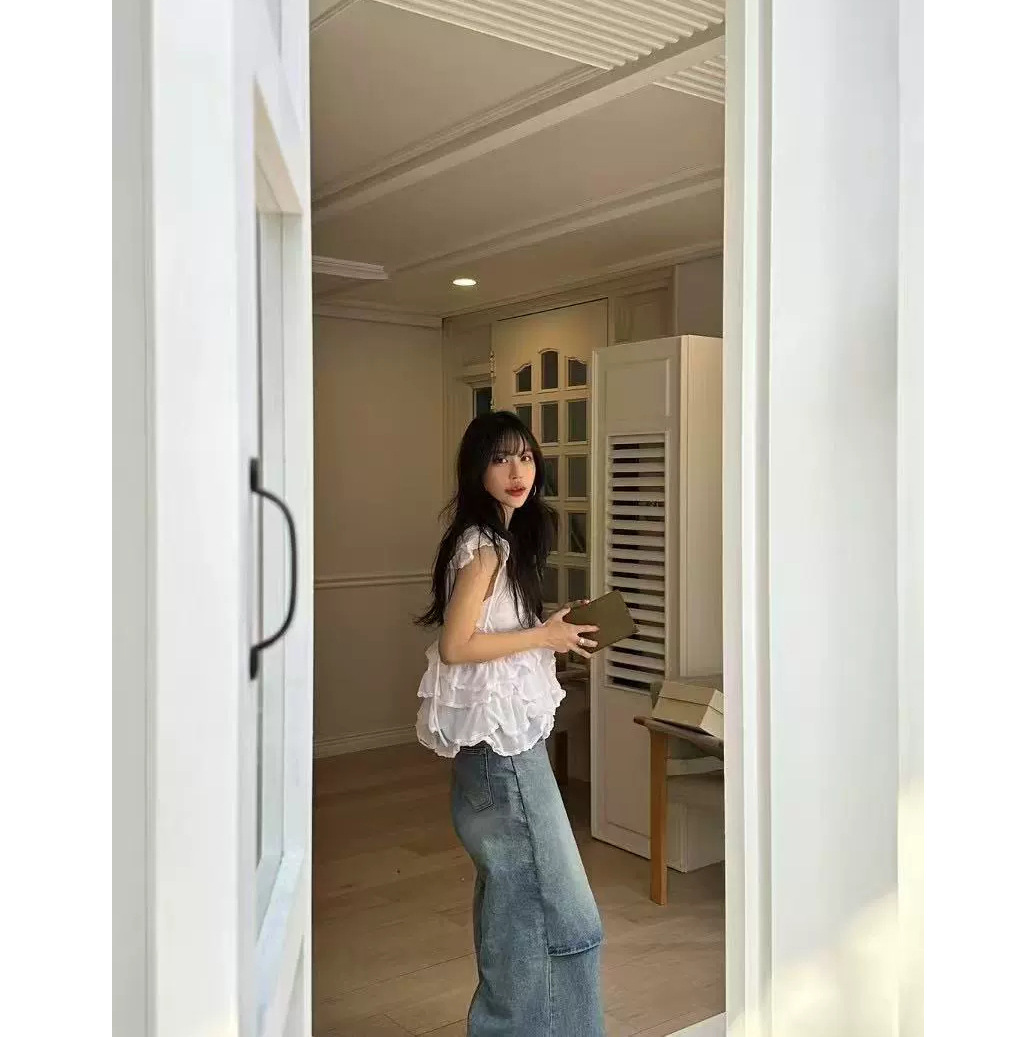 7W15 甜美純慾風蛋糕感綁帶上衣 白色