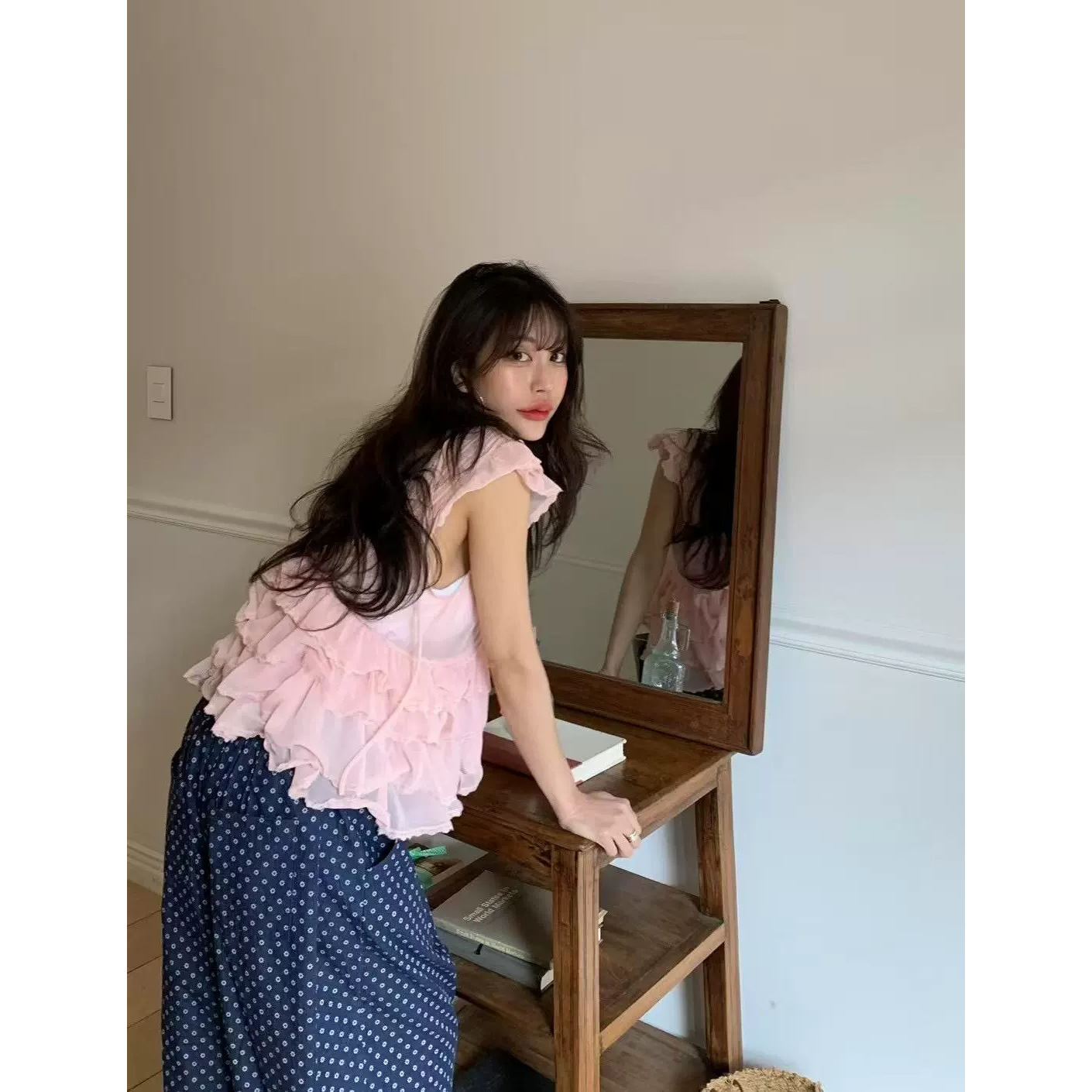 7W14 甜美純慾風蛋糕感綁帶上衣 粉色