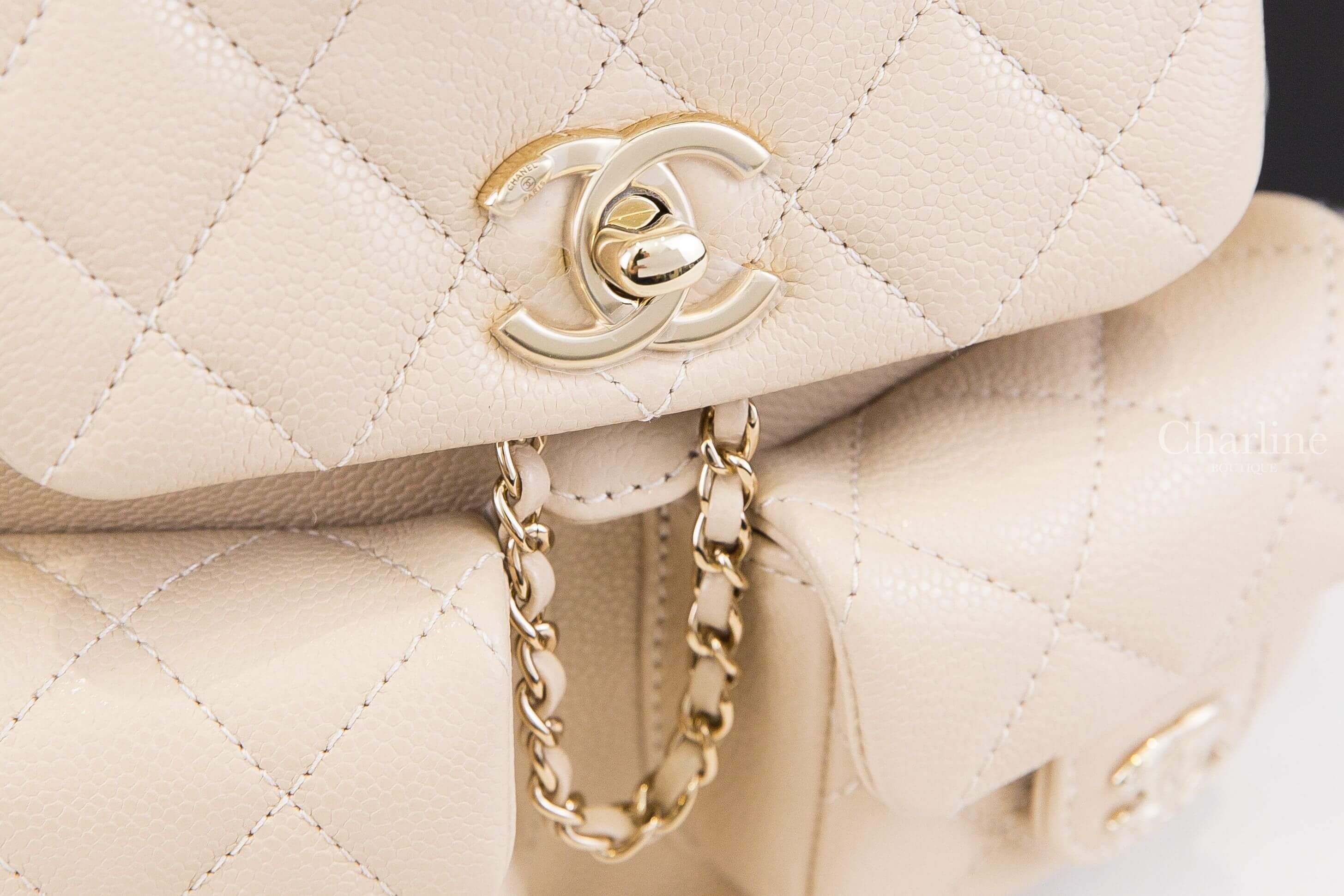 Chanel Backpack 奶茶色金CC金鍊雙口袋小型荔枝菱格紋手提後背包