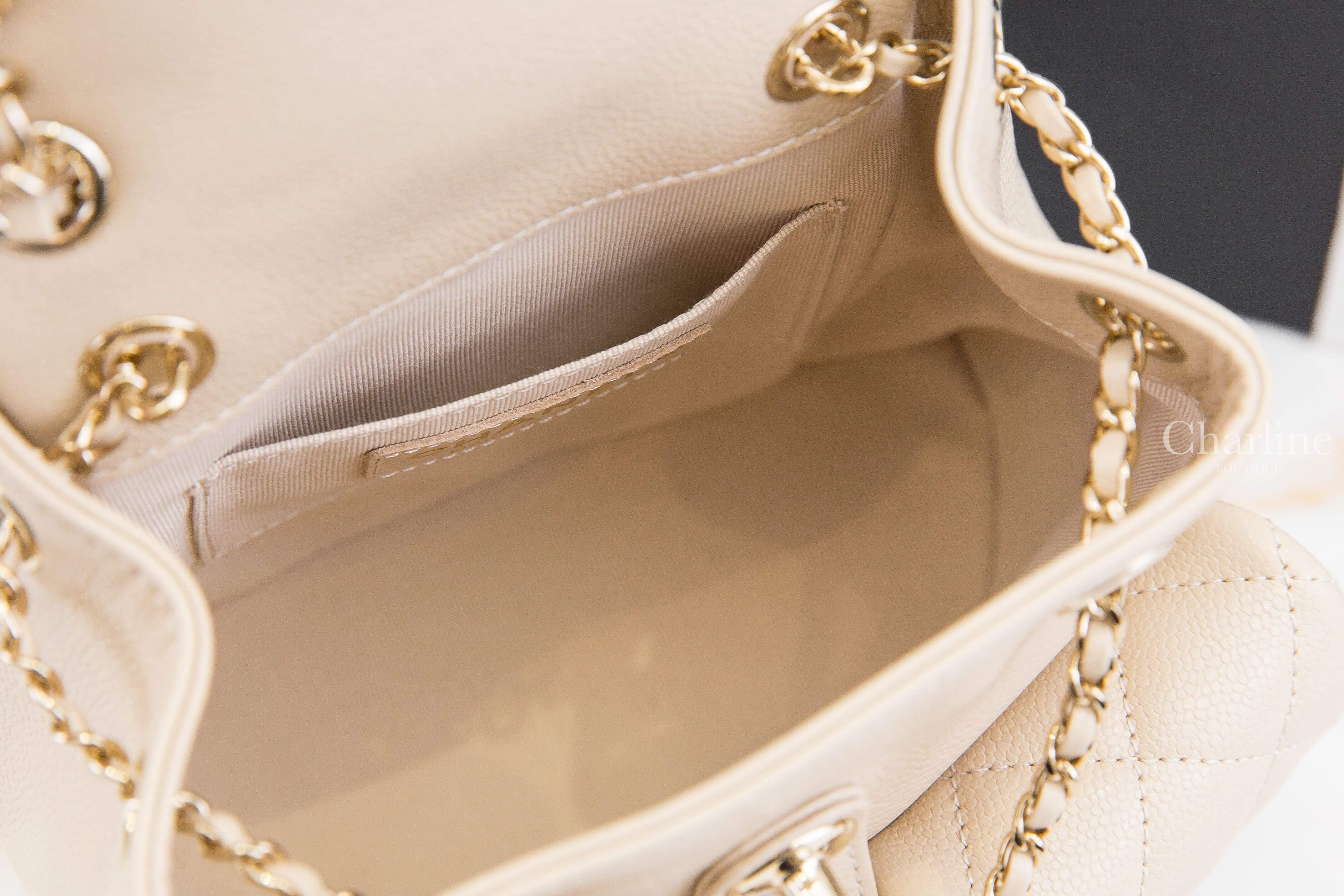 Chanel Backpack 奶茶色金CC金鍊雙口袋小型荔枝菱格紋手提後背包-Charline Boutique 精品代購