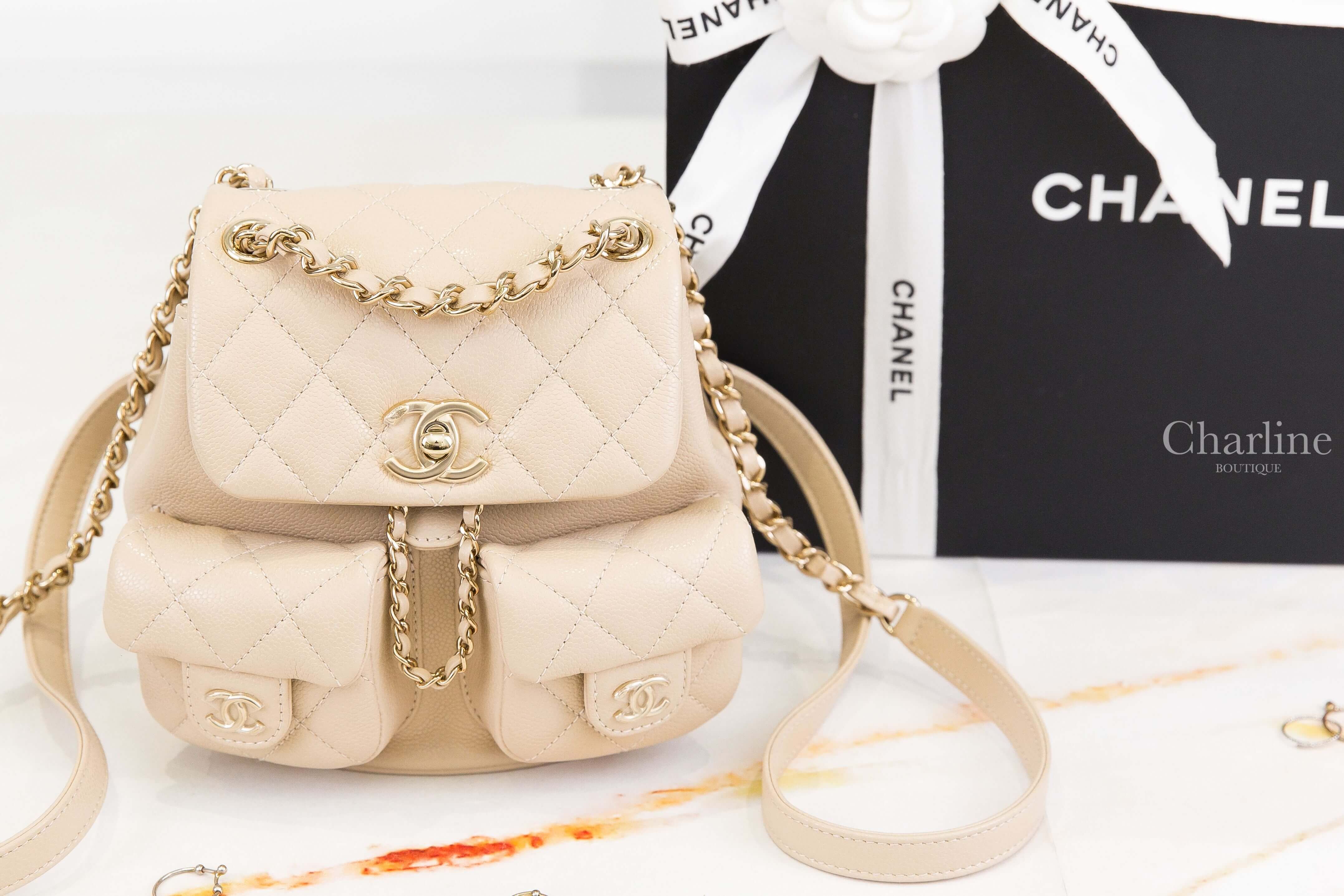 Chanel Backpack 奶茶色金CC金鍊雙口袋小型荔枝菱格紋手提後背包-Charline Boutique 精品代購
