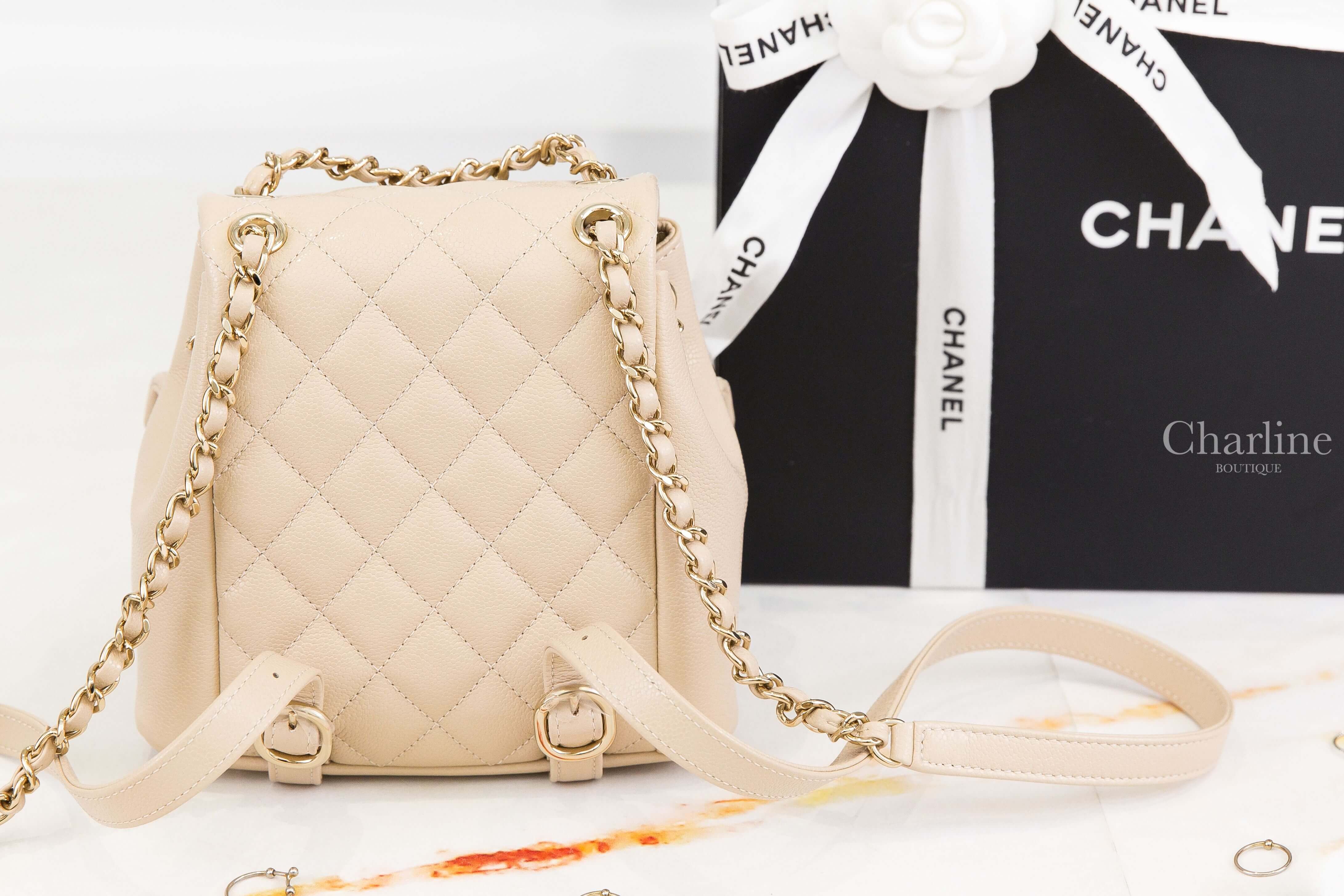 Chanel Backpack 奶茶色金CC金鍊雙口袋小型荔枝菱格紋手提後背包-Charline Boutique 精品代購