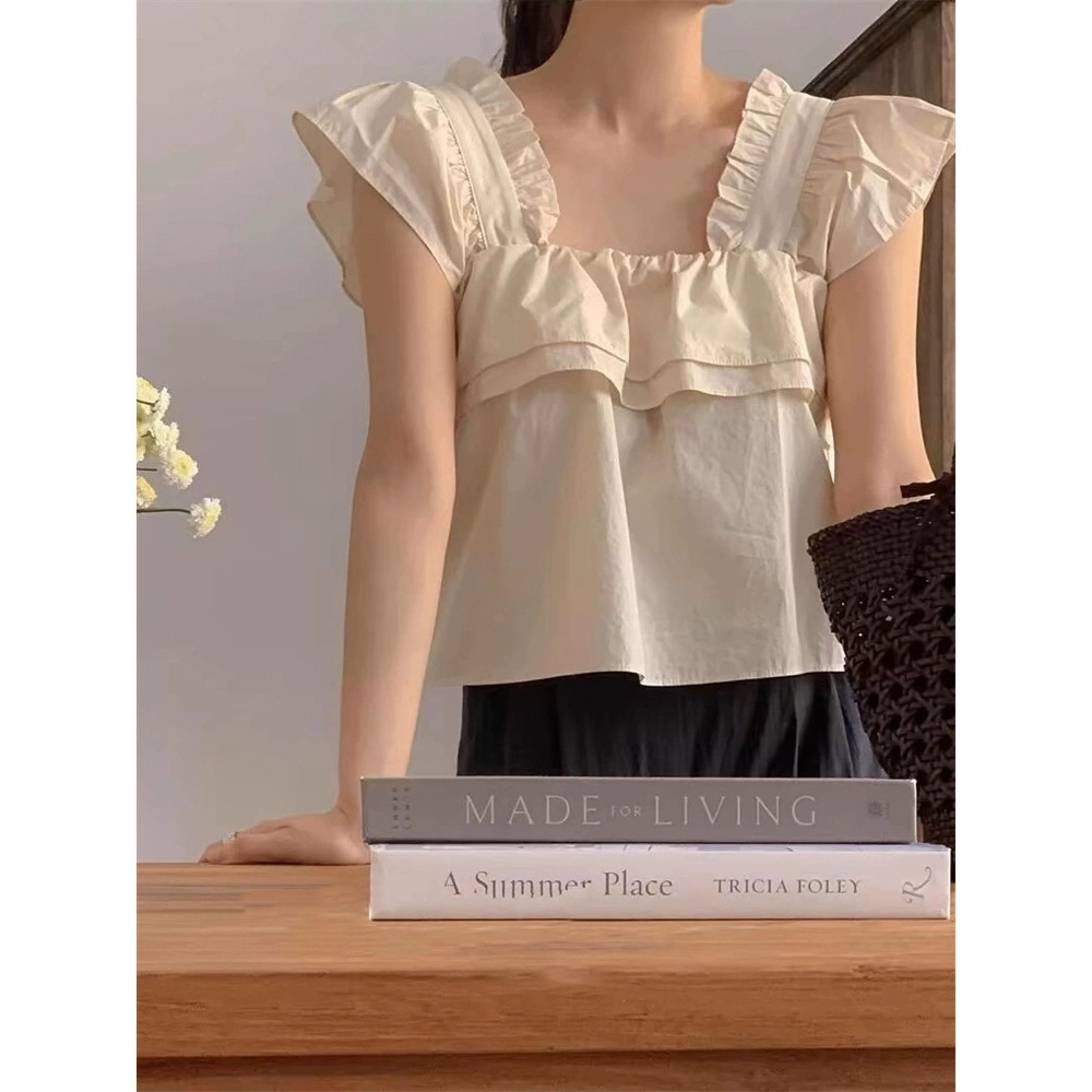 7W13 復古方領荷葉正反兩穿上衣 黑色