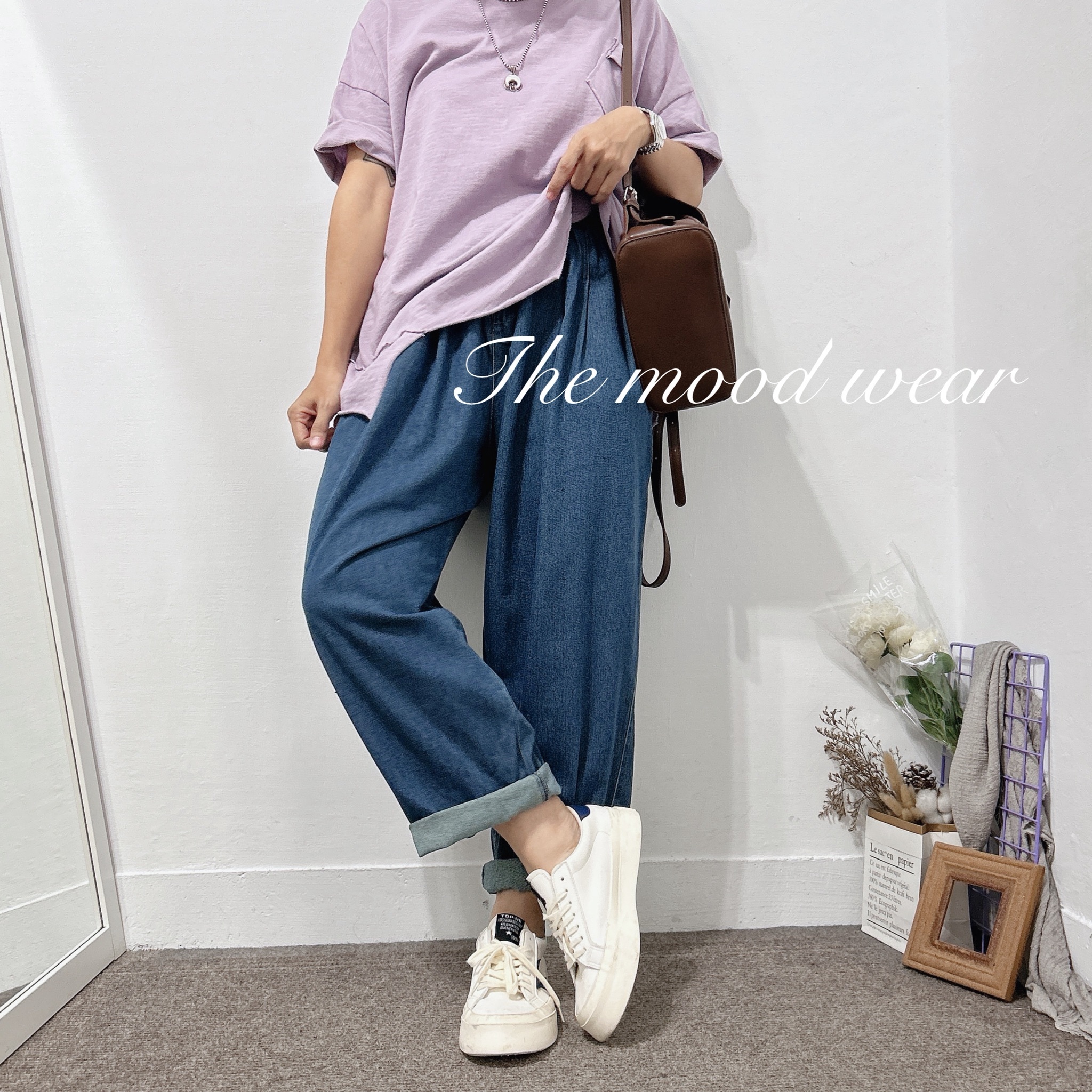 超藏肉修飾假誇寬牛仔燈籠褲