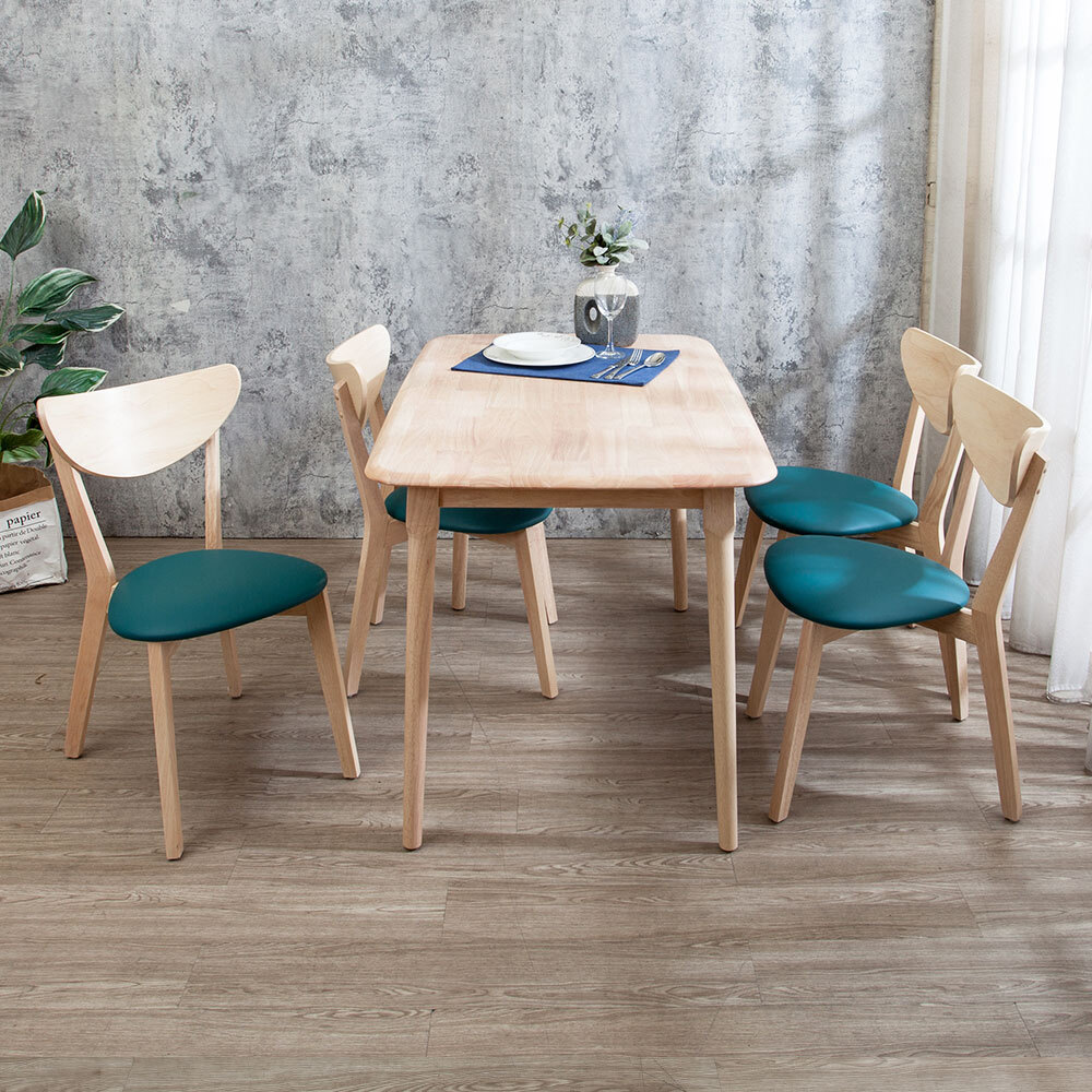 馬恩4尺實木餐桌+依尼藍色皮革實木餐椅組合-鄉村木紋色(一桌四椅)