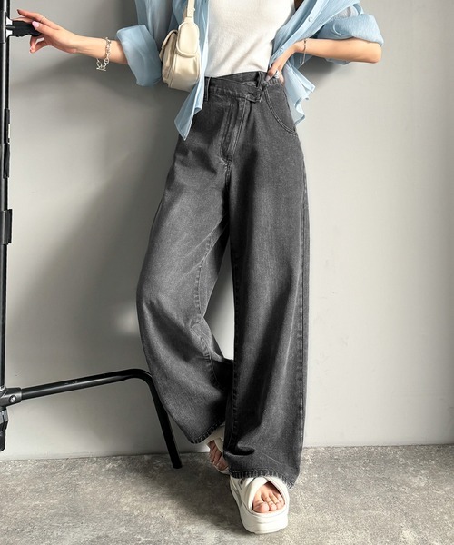 日本🇯🇵連線 Classical Elf X Sayo 聯名 不對稱鈕扣牛仔寬褲 牛仔褲 直筒褲 寬褲 水洗 休閒 2色(任買兩件711免運)/預購