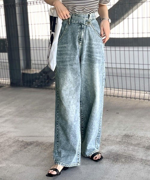 日本🇯🇵連線 Classical Elf X Sayo 聯名 不對稱鈕扣牛仔寬褲 牛仔褲 直筒褲 寬褲 水洗 休閒 2色(任買兩件711免運)/預購