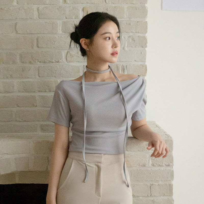 【優惠預訂】韓國皺褶領口羅紋上衣 - 連頸繩（7色）