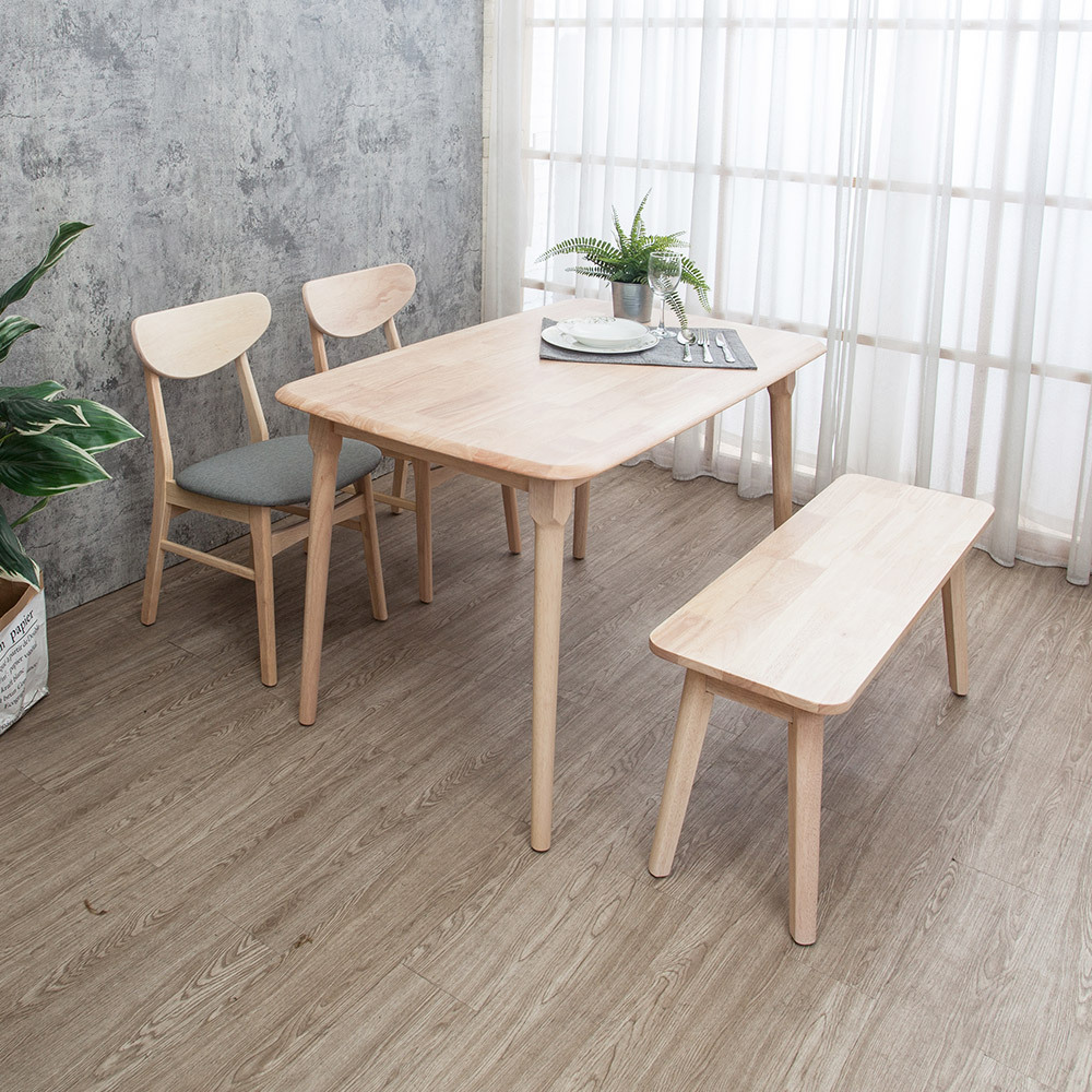 馬恩4尺實木餐桌+斯伯灰色布紋皮革實木餐椅+坦卡司3.3尺實木長凳組合-鄉村木紋色(一桌二椅一長凳)