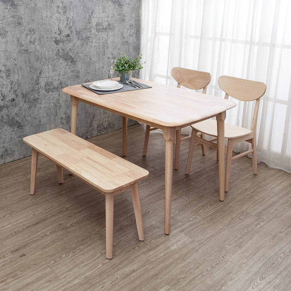 馬恩4尺實木餐桌+塔西實木餐椅+坦卡司3.3尺實木長凳組合-鄉村木紋色(一桌二椅一長凳)