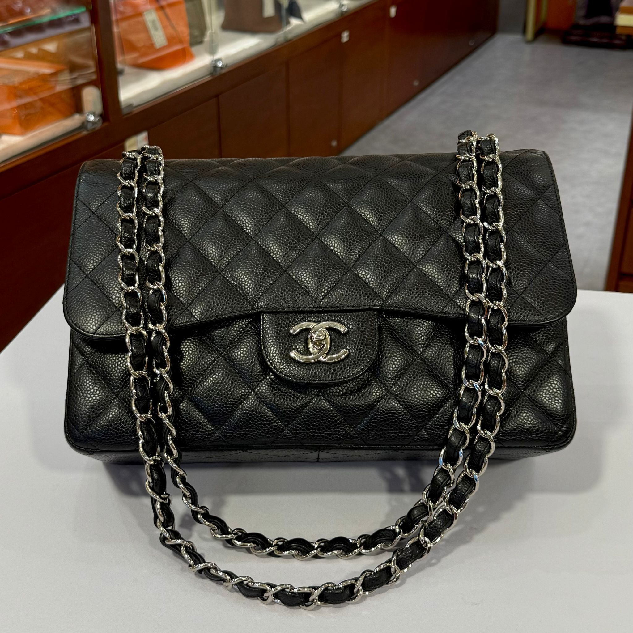 98%NEW二手CHANEL CF30 A58600 黑色菱格荔枝皮/銀扣 CHANEL CLASSIC FLAP JAMBO #香榭站正品