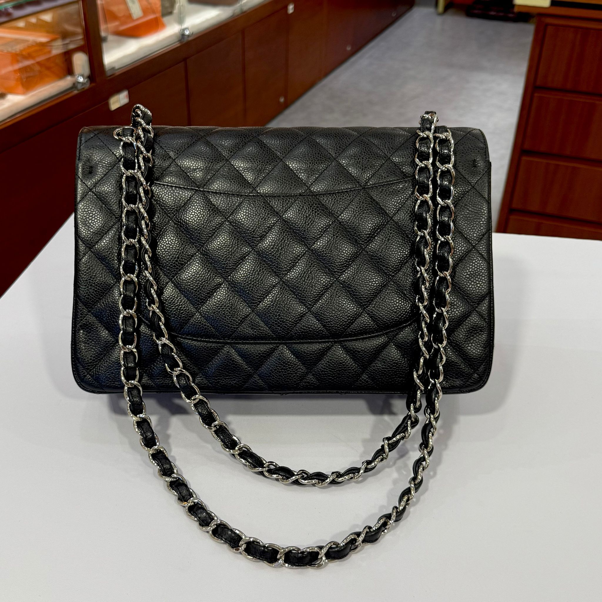 98%NEW二手CHANEL CF30 A58600 黑色菱格荔枝皮/銀扣 CHANEL CLASSIC FLAP JAMBO #香榭站正品